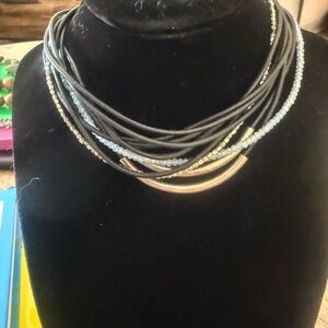 Anthropologie Black Cord Layered Necklace with Gold and Light Blue Accents